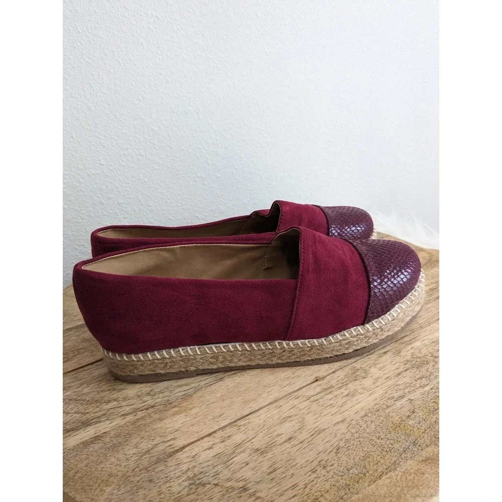 Womens Burgundy‎ Faux Suede Embossed Cap Toe Espadrille Flats Shoes 10 NEW Lq